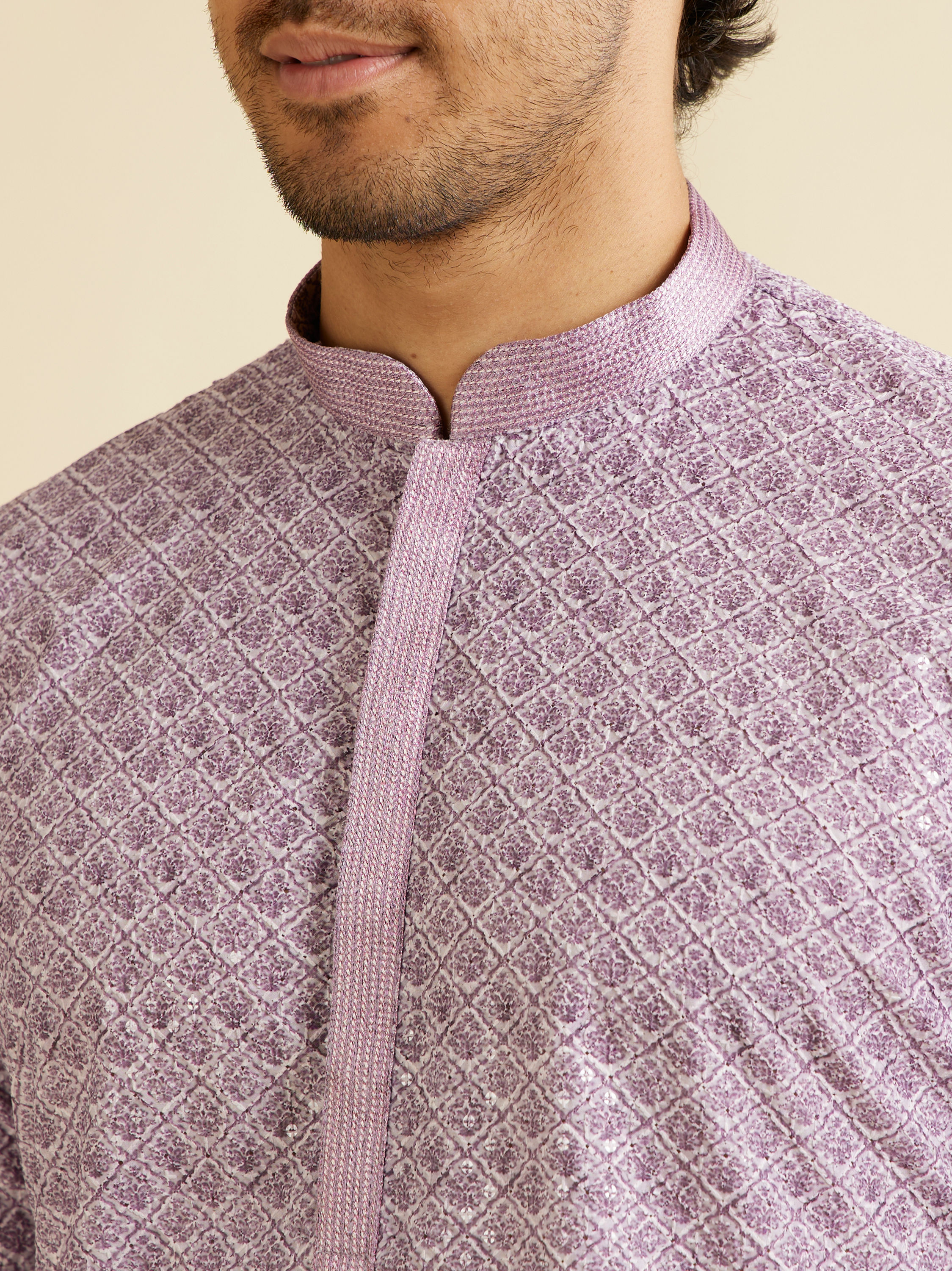 Manyavar Men Soft Purple Lattice Patterned Chikankari Inspired Kurta Set