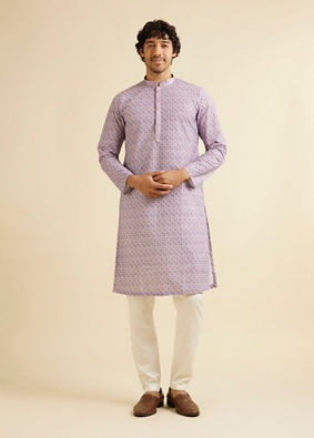 Manyavar Men Soft Purple Lattice Patterned Chikankari Inspired Kurta Set image number 2