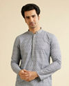 alt message - Manyavar Men Dark Grey Lattice Patterned Chikankari Inspired Kurta Set image number 0