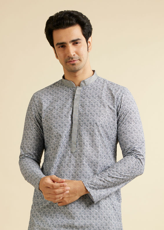 Manyavar Men Dark Grey Lattice Patterned Chikankari Inspired Kurta Set