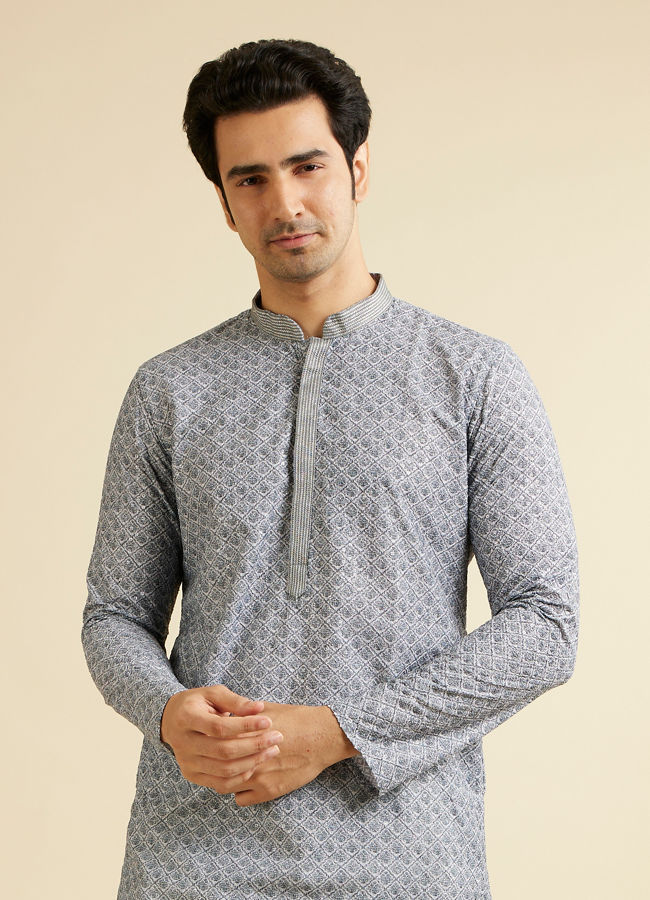 alt message - Manyavar Men Dark Grey Lattice Patterned Chikankari Inspired Kurta Set image number 0