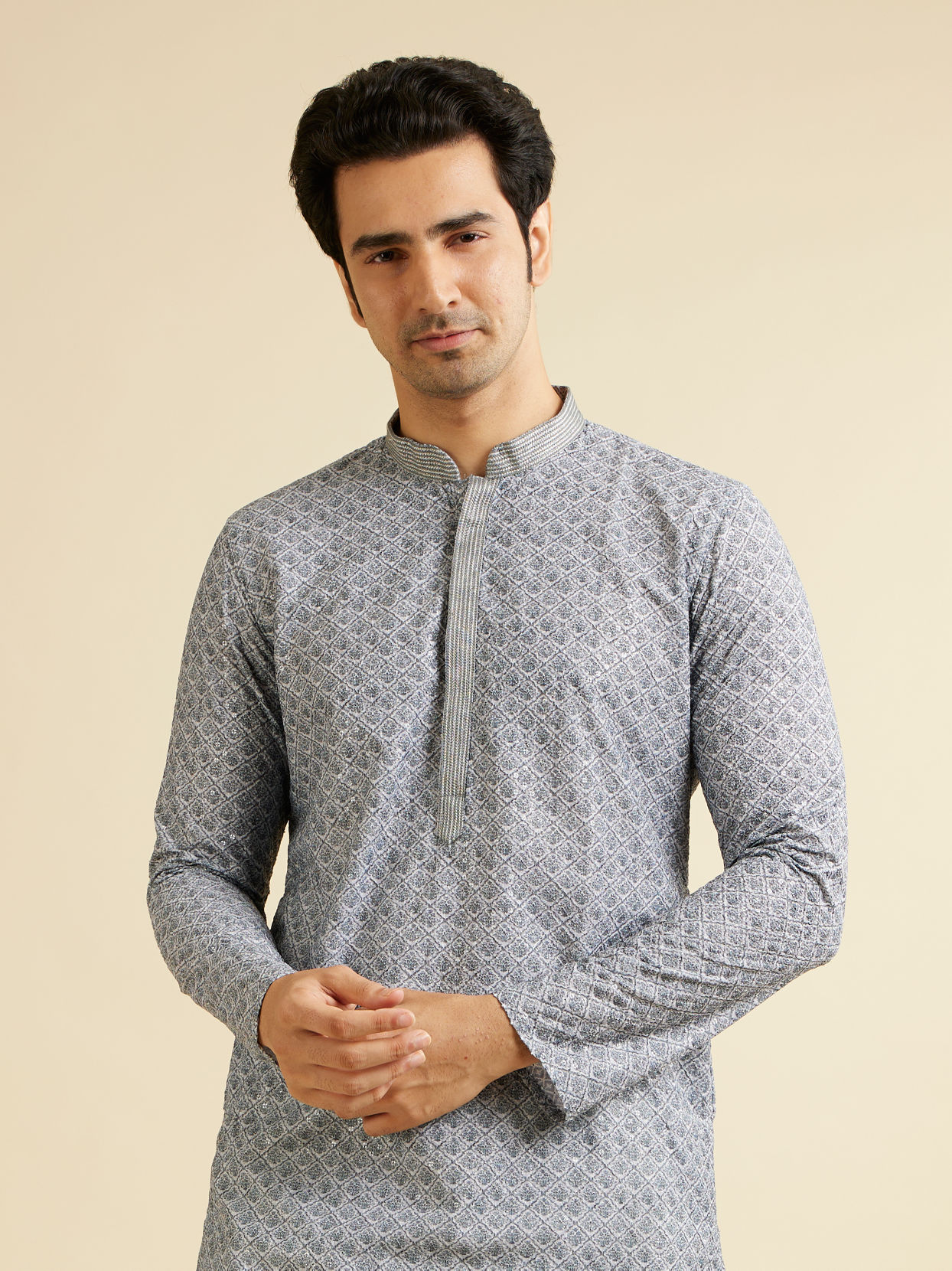 alt message - Manyavar Men Dark Grey Lattice Patterned Chikankari Inspired Kurta Set image number 0