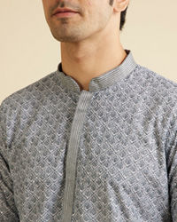 Manyavar Men Dark Grey Lattice Patterned Chikankari Inspired Kurta Set