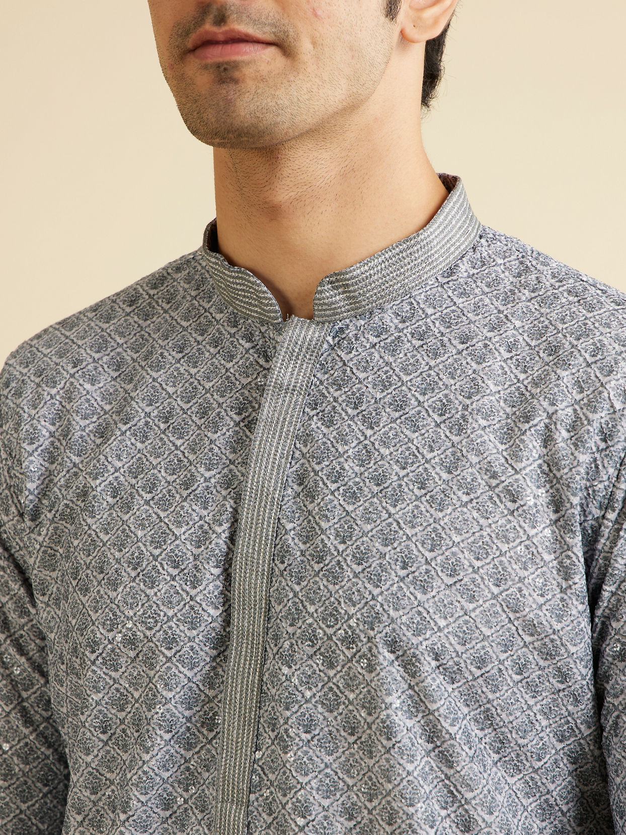 alt message - Manyavar Men Dark Grey Lattice Patterned Chikankari Inspired Kurta Set image number 1