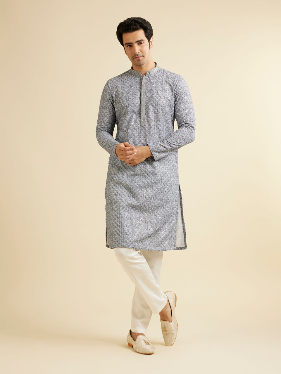 Manyavar Men Dark Grey Lattice Patterned Chikankari Inspired Kurta Set