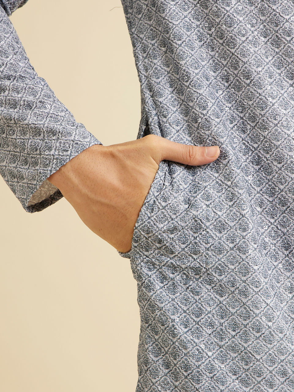 Manyavar Men Dark Grey Lattice Patterned Chikankari Inspired Kurta Set