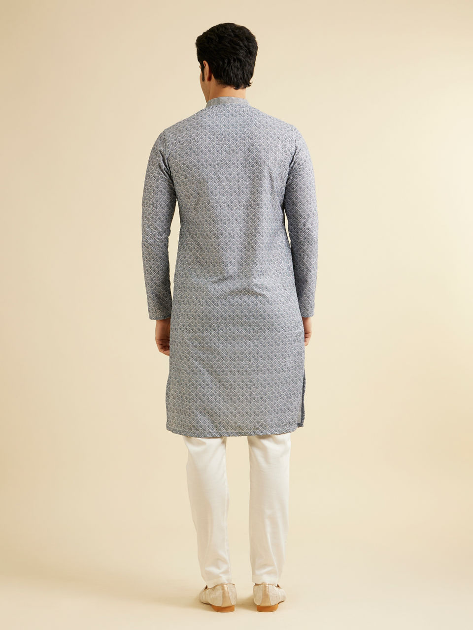 Manyavar Men Dark Grey Lattice Patterned Chikankari Inspired Kurta Set