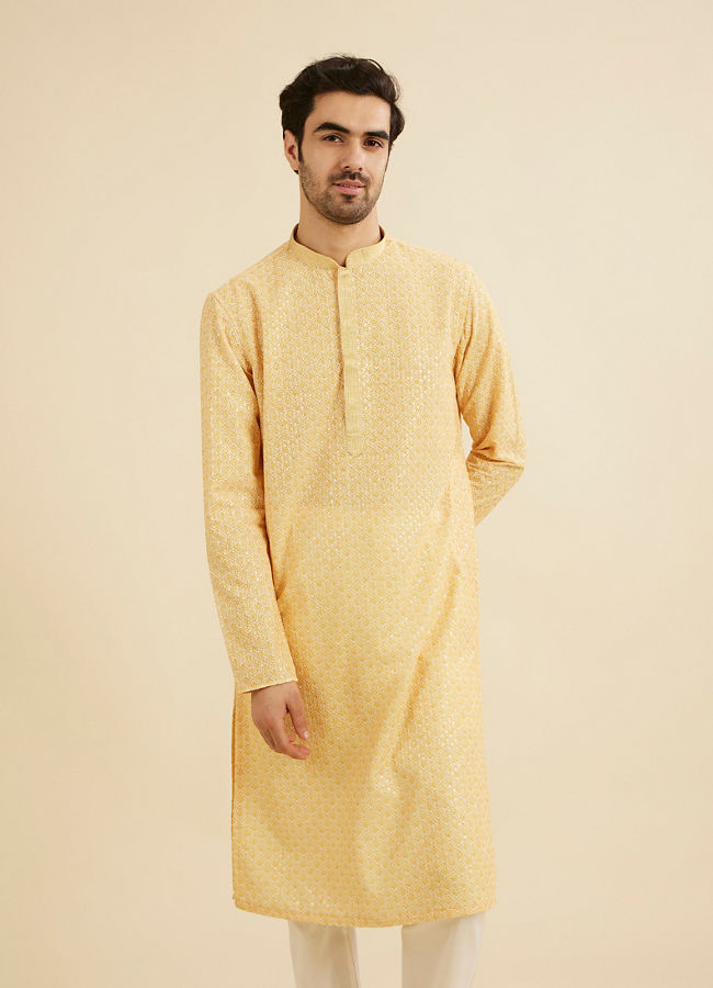 Manyavar Men Daffodil Yellow Lattice Patterned Chikankari Inspired Kurta Set