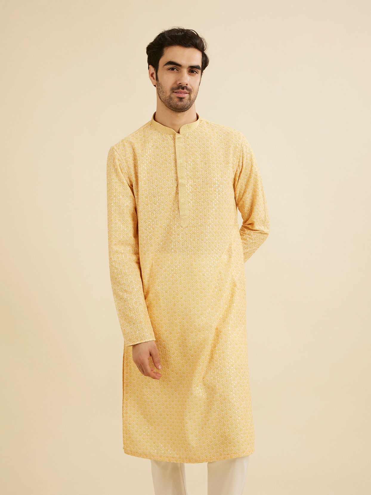 Manyavar Men Daffodil Yellow Lattice Patterned Chikankari Inspired Kurta Set