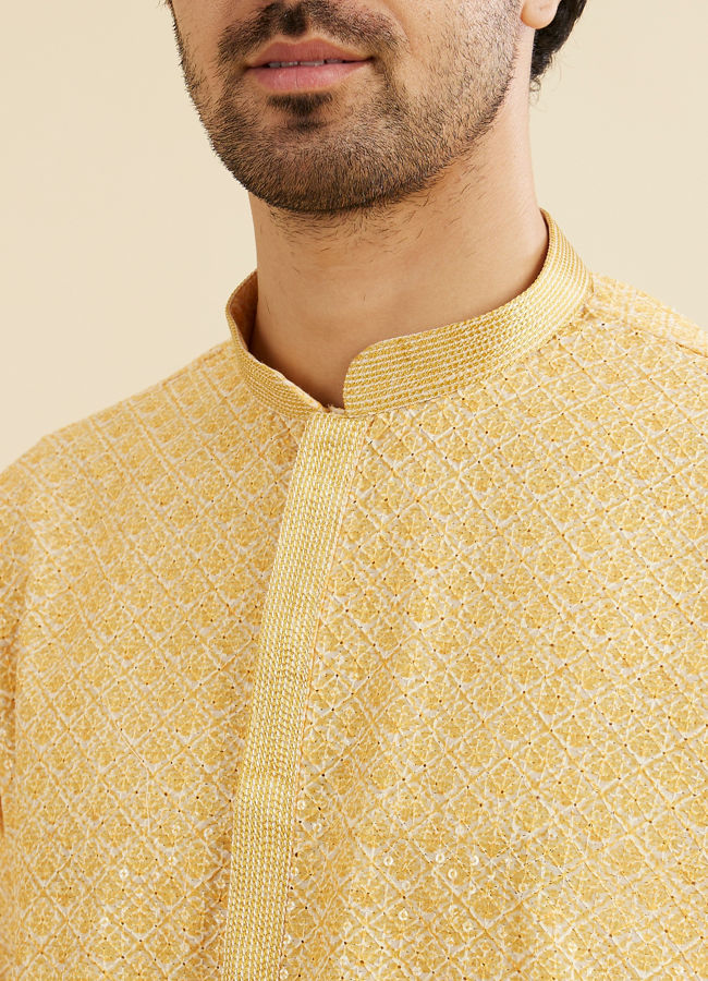 Manyavar Men Daffodil Yellow Lattice Patterned Chikankari Inspired Kurta Set
