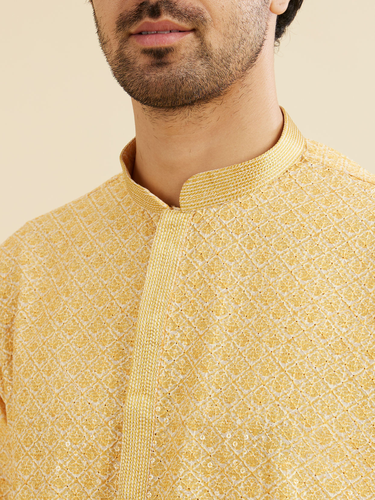 Manyavar Men Daffodil Yellow Lattice Patterned Chikankari Inspired Kurta Set