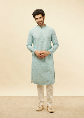 alt message - Manyavar Men Aqua Blue Chikankari Embroidered Sequined Kurta Set image number 2