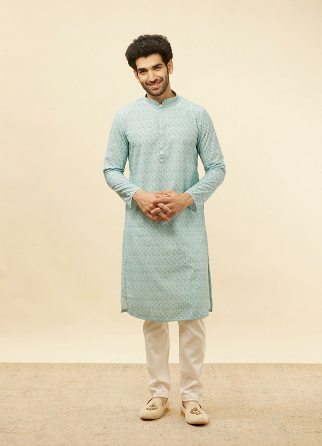 alt message - Manyavar Men Aqua Blue Chikankari Embroidered Sequined Kurta Set image number 2