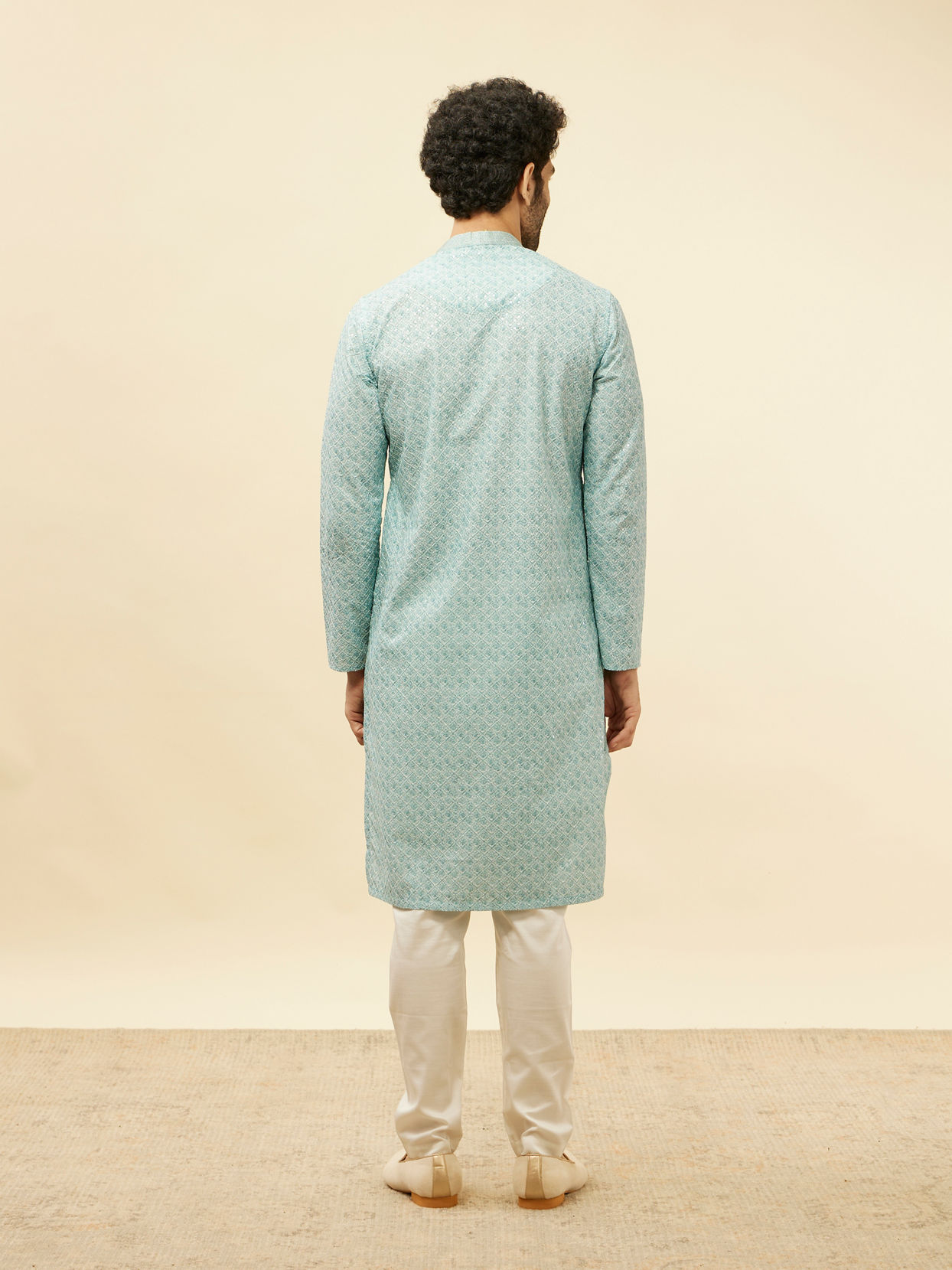 Manyavar Men Aqua Blue Chikankari Embroidered Sequined Kurta Set