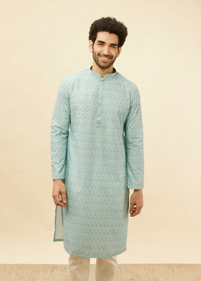 alt message - Manyavar Men Aqua Blue Chikankari Embroidered Sequined Kurta Set image number 0