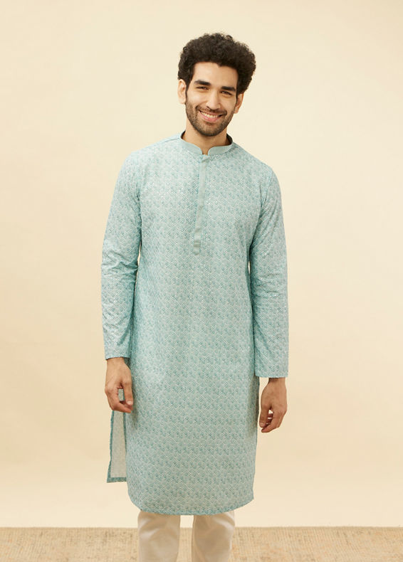 Manyavar Men Aqua Blue Chikankari Embroidered Sequined Kurta Set