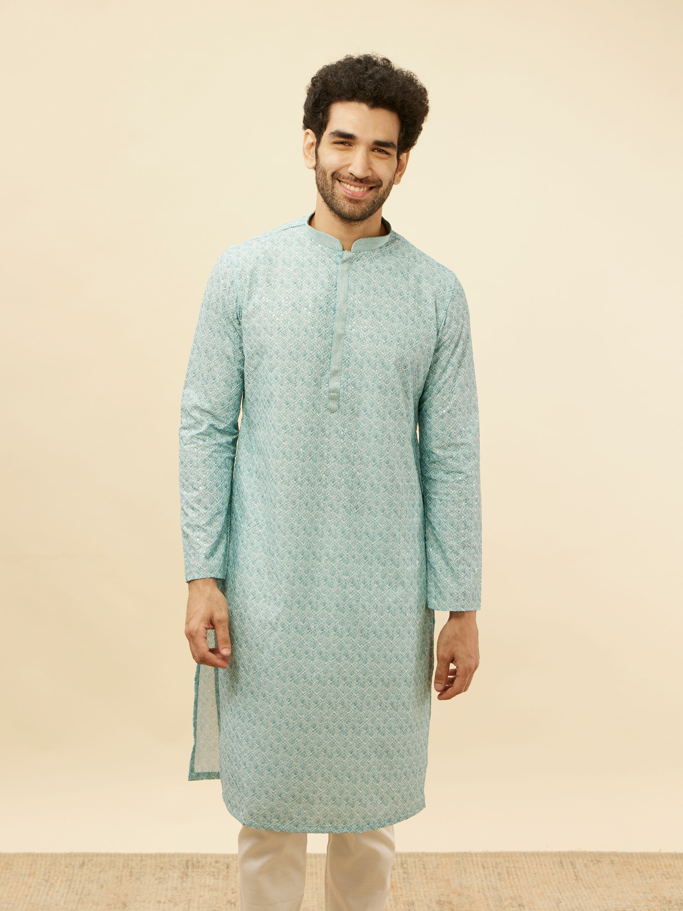 Manyavar Men Aqua Blue Chikankari Embroidered Sequined Kurta Set