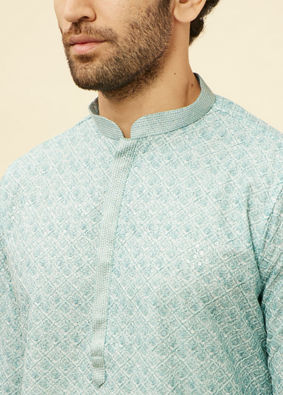 alt message - Manyavar Men Aqua Blue Chikankari Embroidered Sequined Kurta Set image number 1