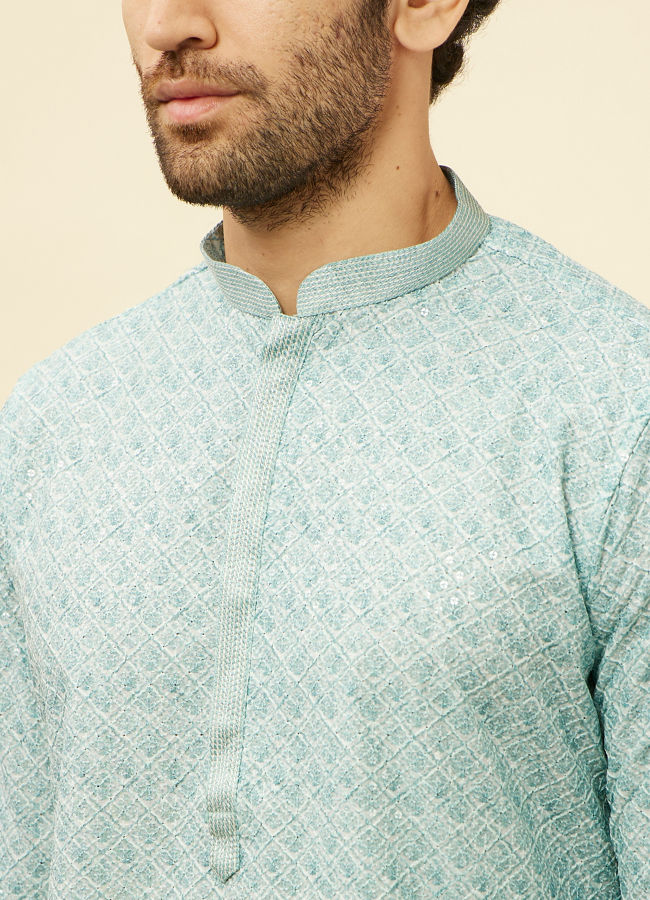 alt message - Manyavar Men Aqua Blue Chikankari Embroidered Sequined Kurta Set image number 1