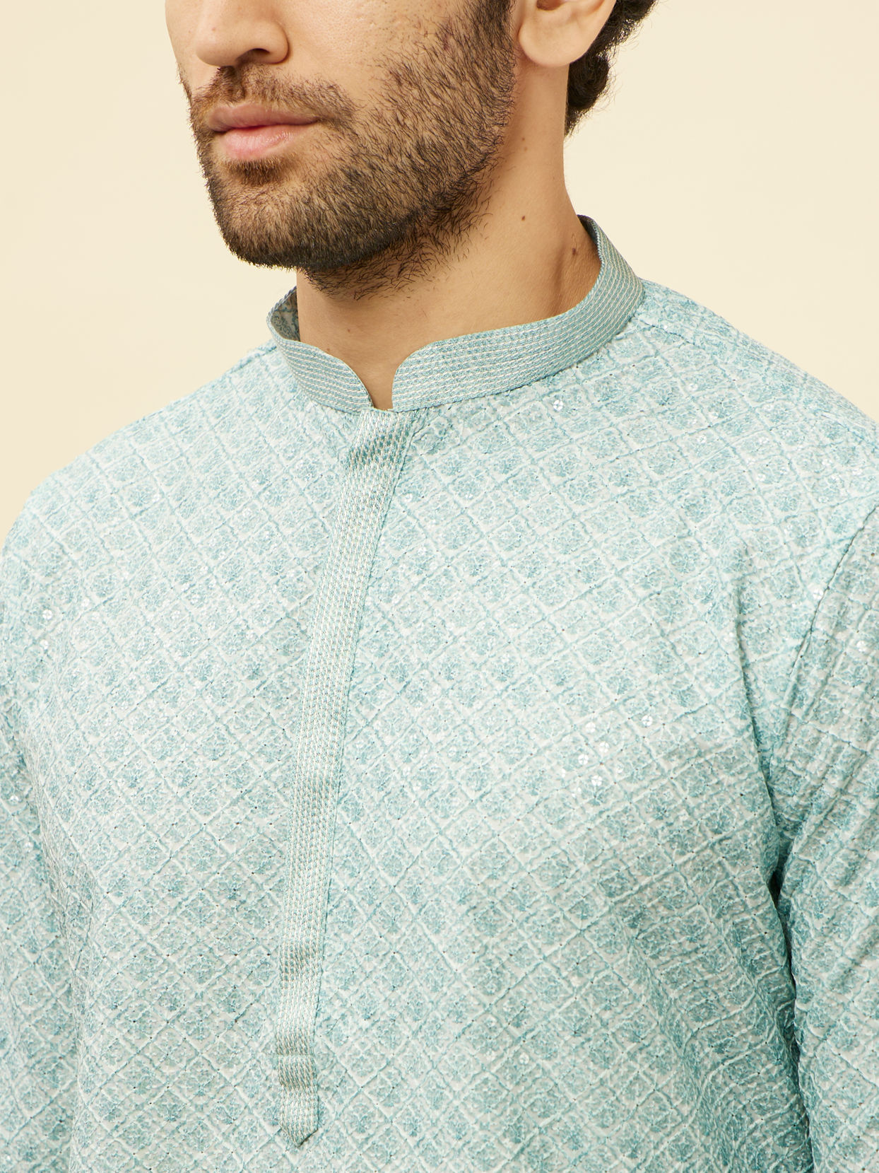 Men'S Blue Chikankari Embroidered And Sequence Kurta With Pyjama.