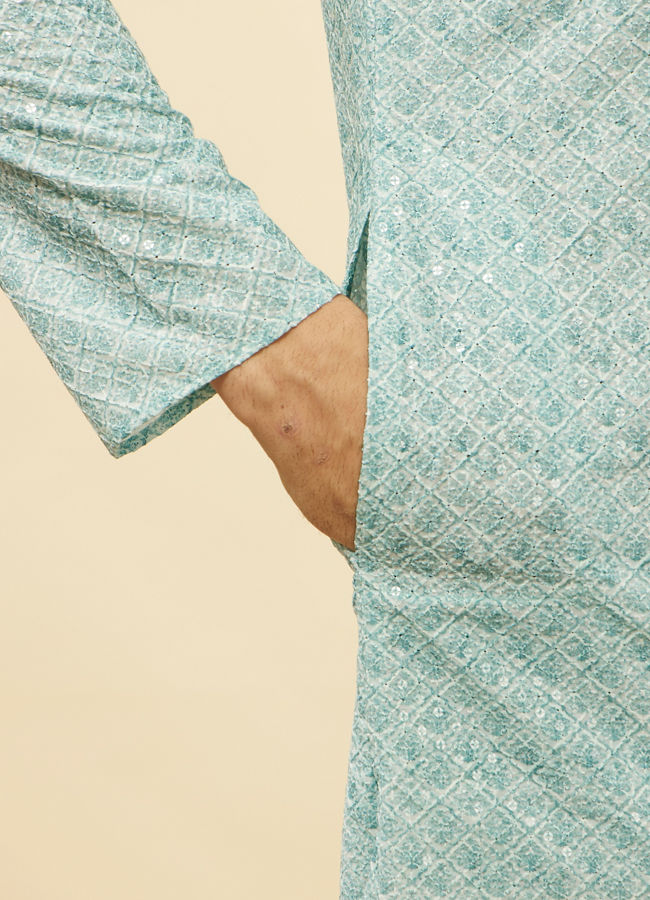 Manyavar Men Aqua Blue Chikankari Embroidered Sequined Kurta Set