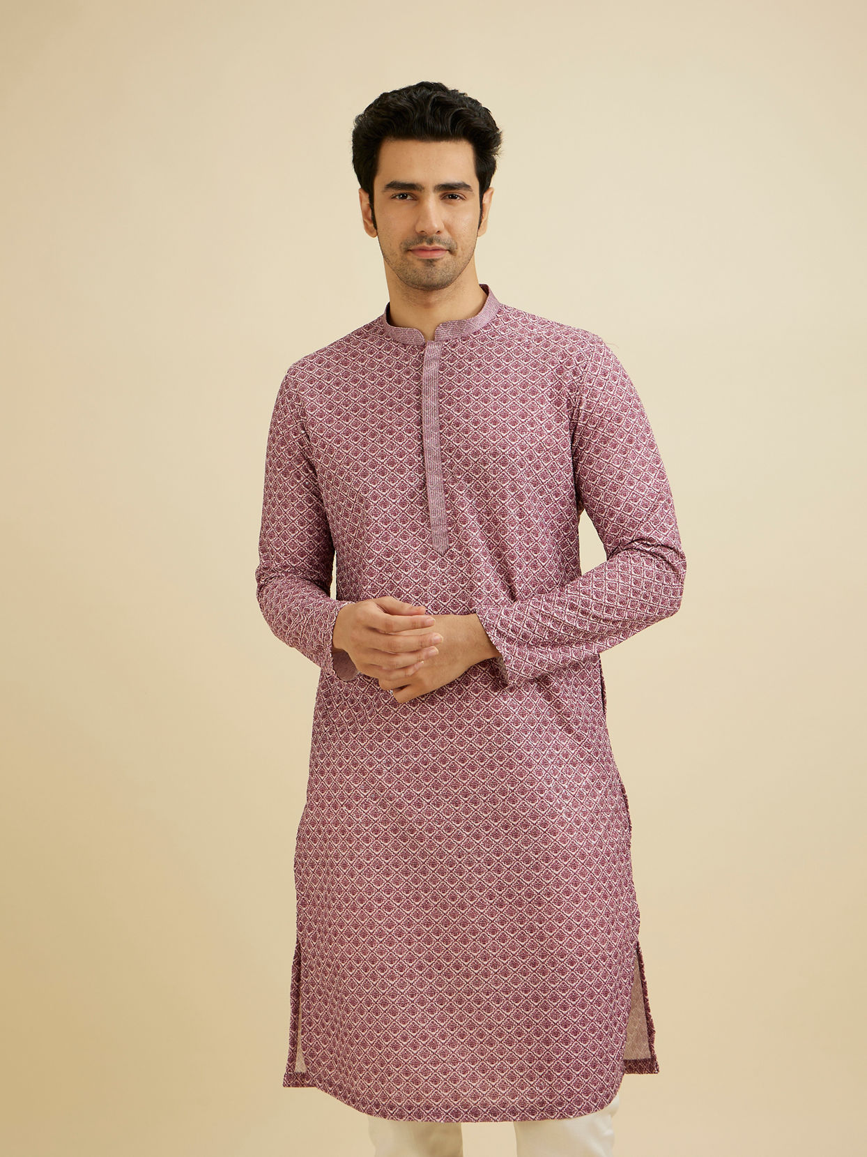 alt message - Manyavar Men Dusty Pink Charm Kurta Pajama image number 0