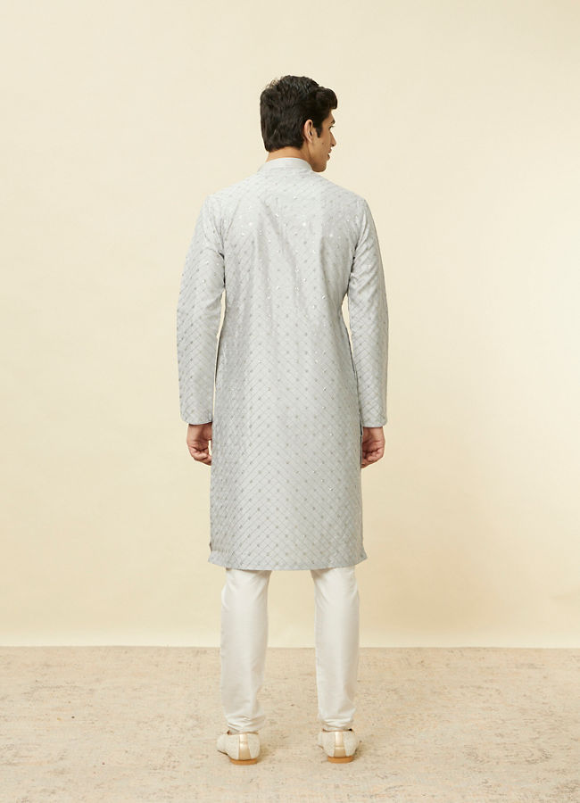 alt message - Manyavar Men Glacier Grey Sequined Patterned Kurta Set image number 4