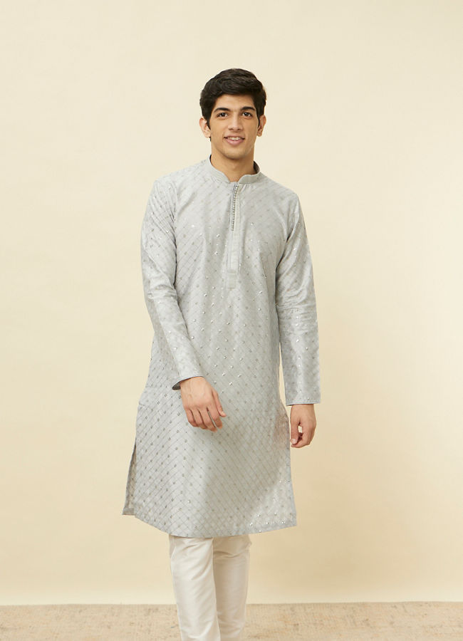 Manyavar Men Glacier Grey Sequined Patterned Kurta Set