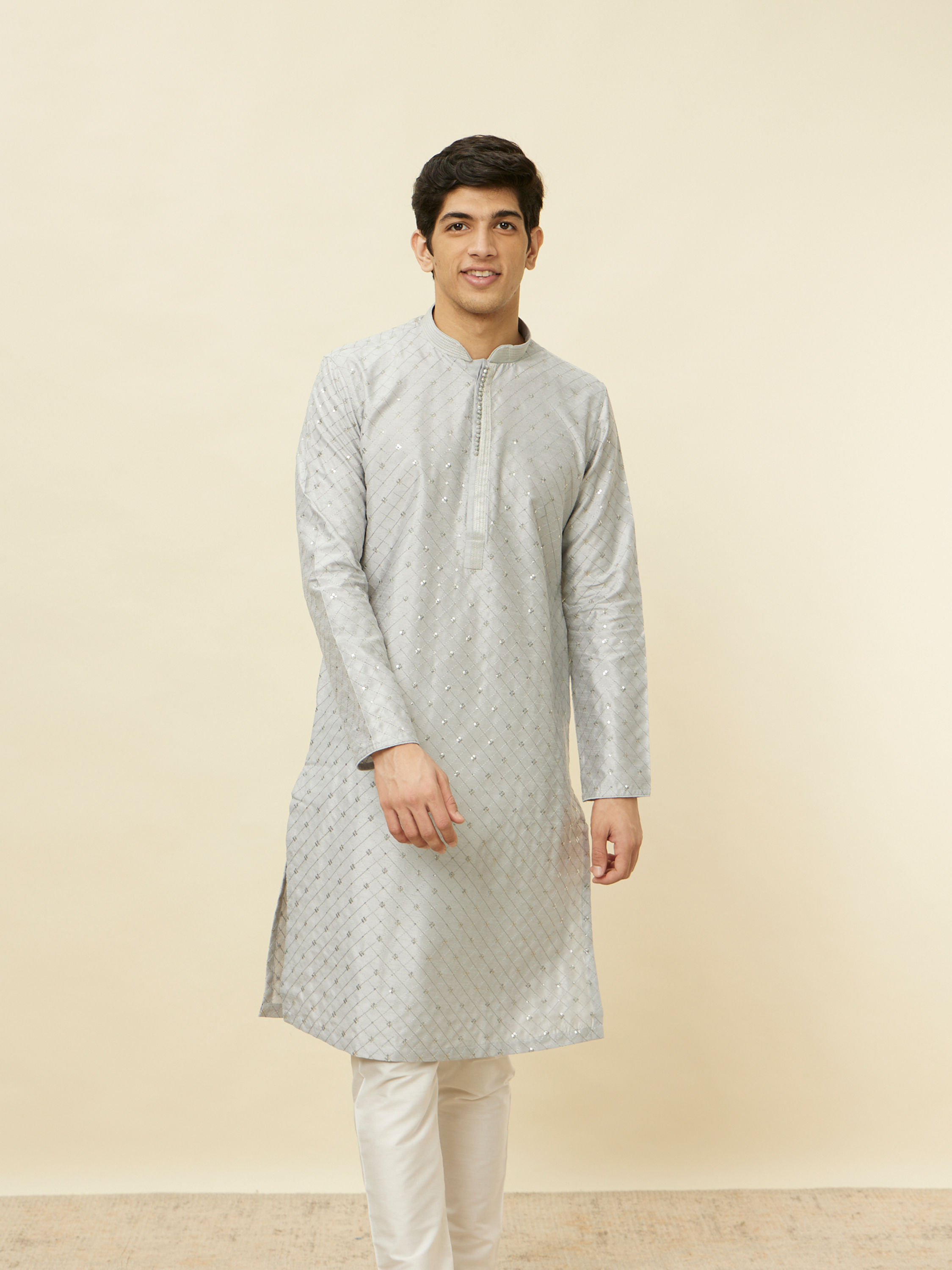 Manyavar Men Glacier Grey Sequined Patterned Kurta Set