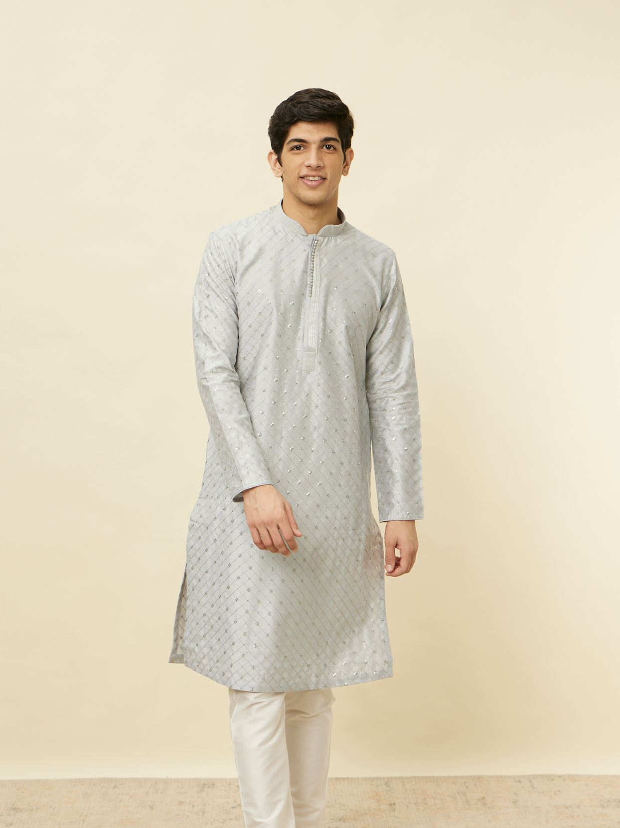 alt message - Manyavar Men Glacier Grey Sequined Patterned Kurta Set image number 0