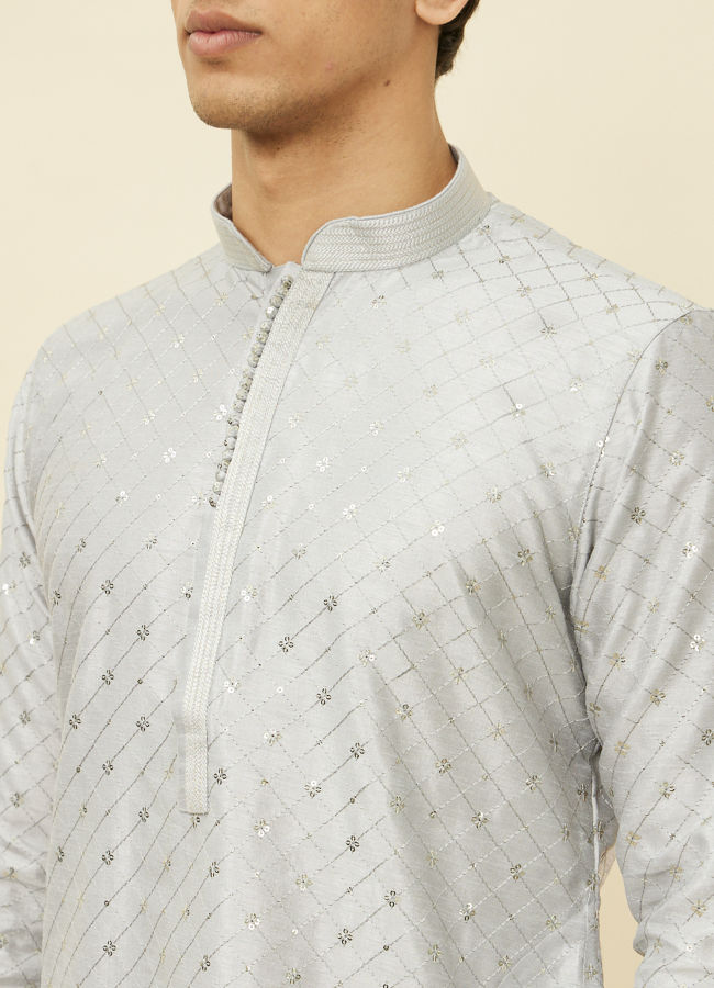 alt message - Manyavar Men Glacier Grey Sequined Patterned Kurta Set image number 1