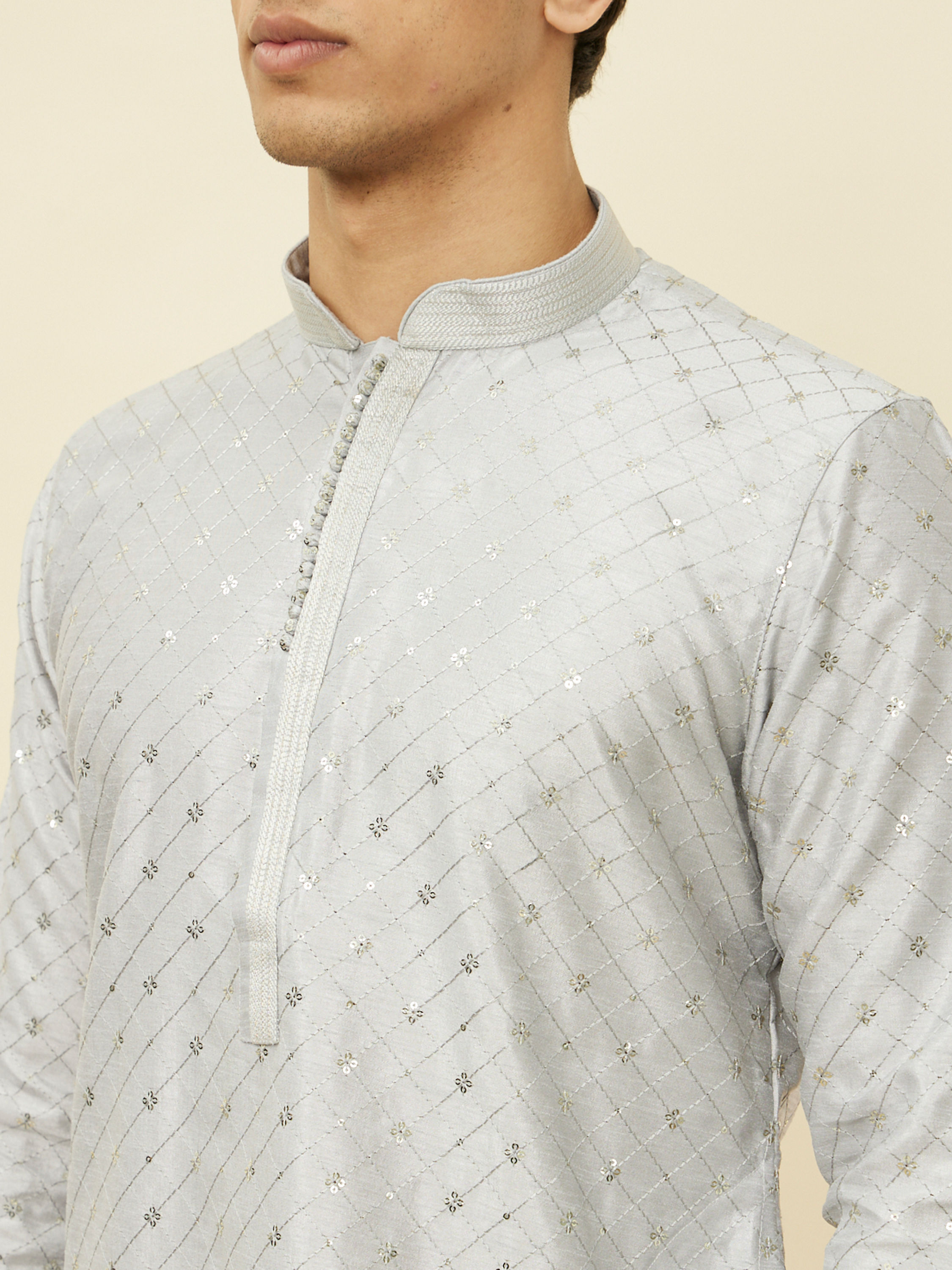 Manyavar Men Glacier Grey Sequined Patterned Kurta Set