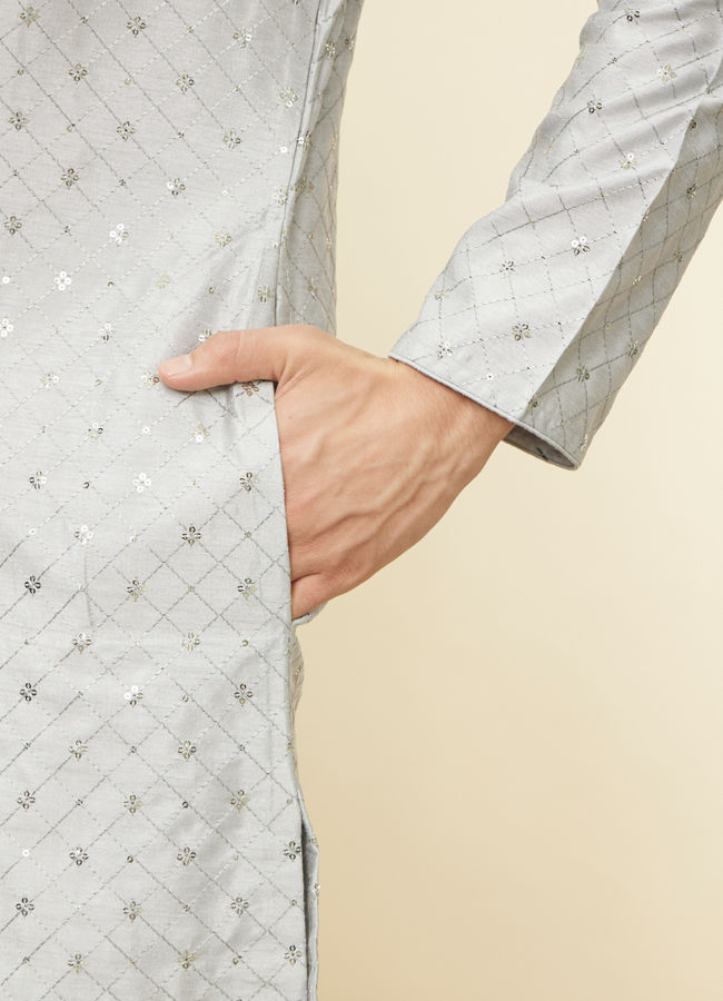 Manyavar Men Glacier Grey Sequined Patterned Kurta Set