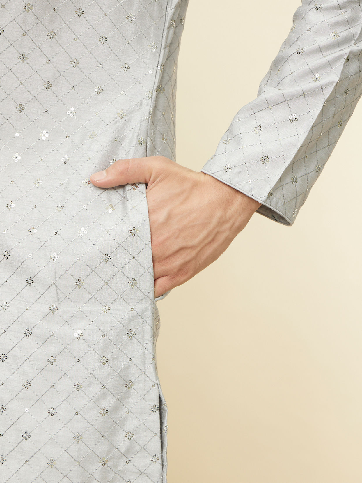 Manyavar Men Glacier Grey Sequined Patterned Kurta Set
