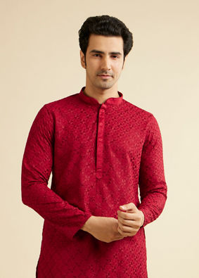 alt message - Manyavar Men Classic Red Ogee Jaal Patterned Kurta Set with Chikankari Embroidery image number 0