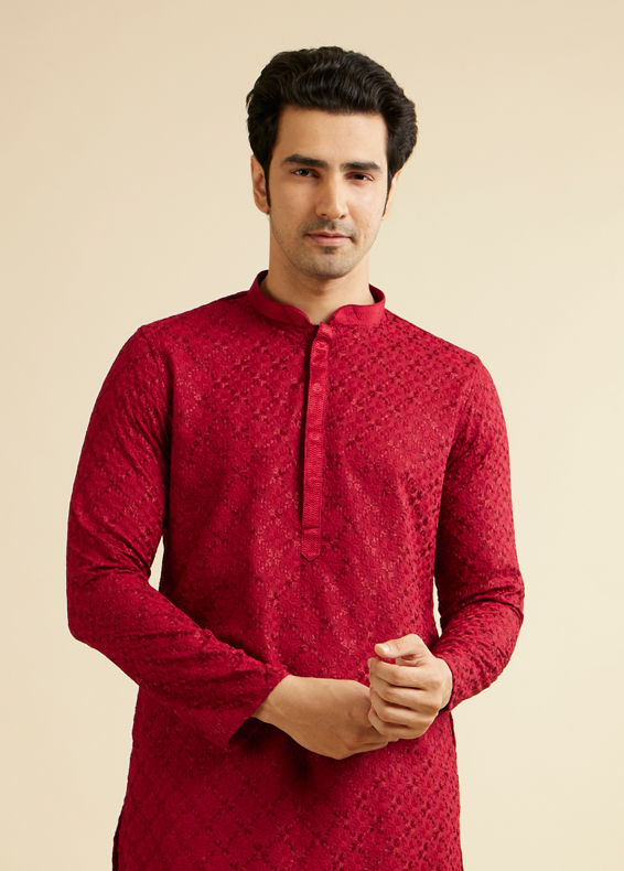 Manyavar Men Classic Red Ogee Jaal Patterned Kurta Set with Chikankari Embroidery