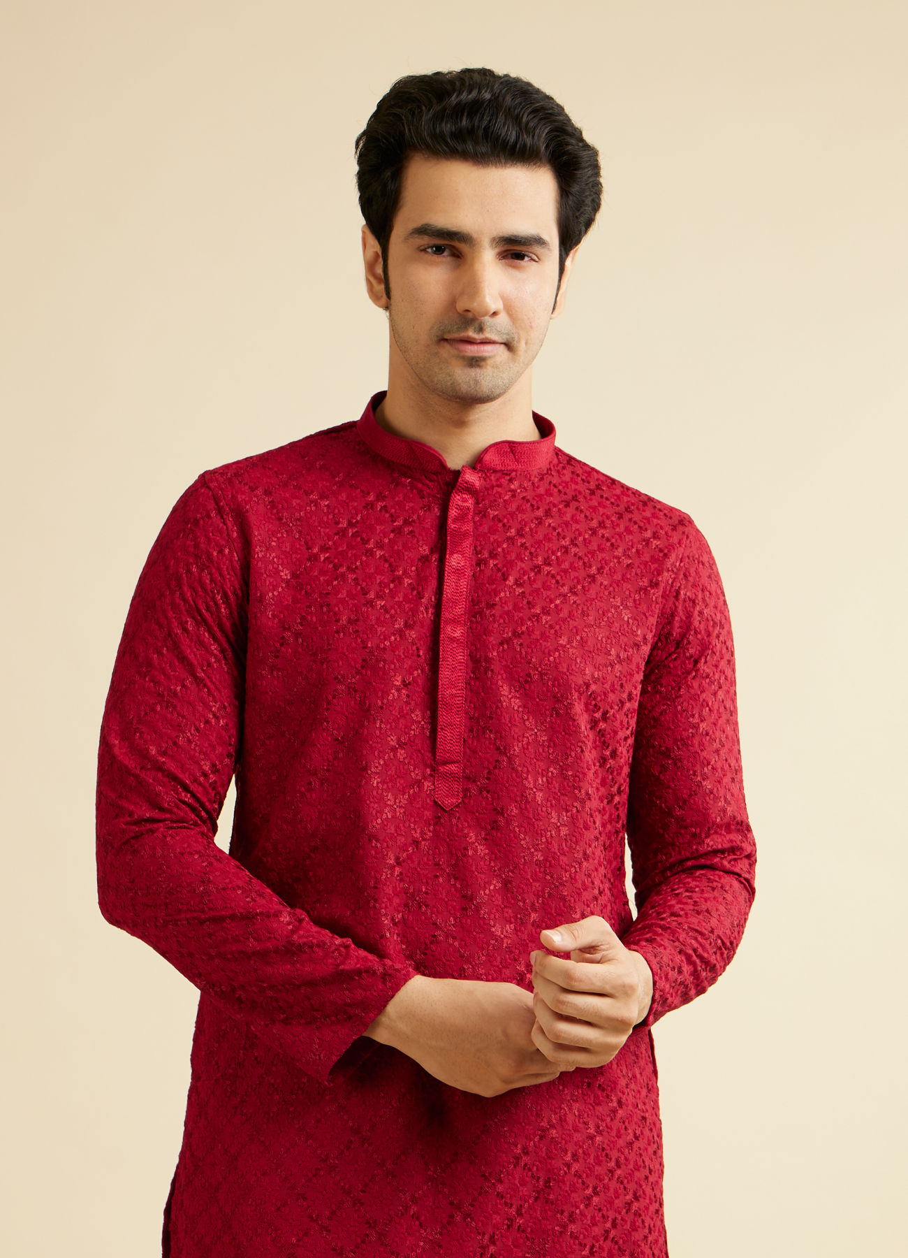 Manyavar Men Classic Red Ogee Jaal Patterned Kurta Set with Chikankari Embroidery