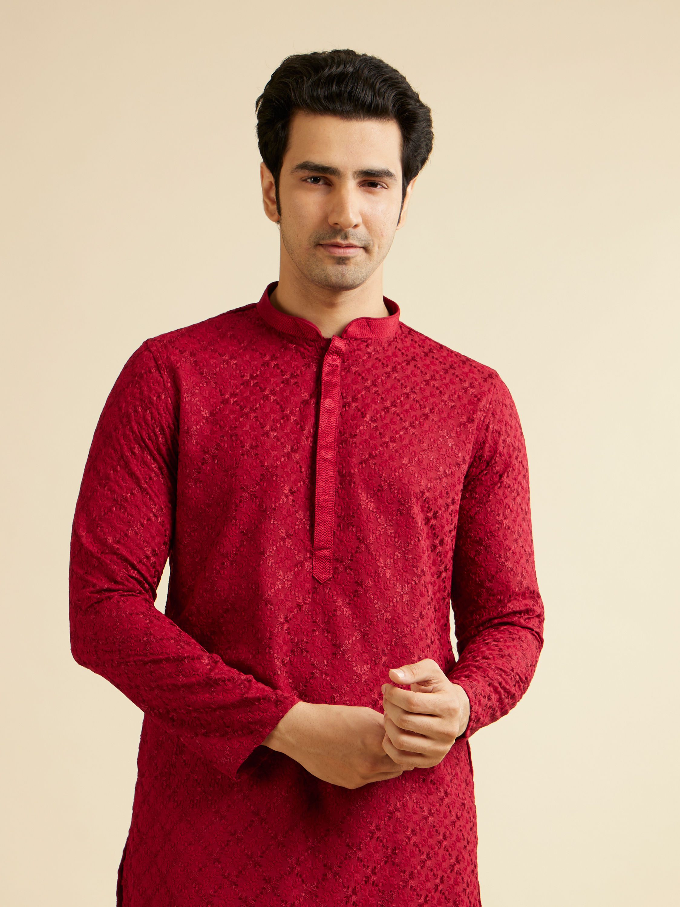 Manyavar Men Classic Red Ogee Jaal Patterned Kurta Set with Chikankari Embroidery