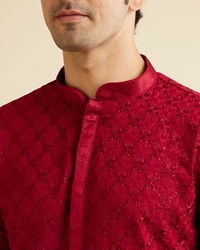 Manyavar Men Classic Red Ogee Jaal Patterned Kurta Set with Chikankari Embroidery