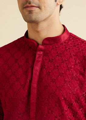 alt message - Manyavar Men Classic Red Ogee Jaal Patterned Kurta Set with Chikankari Embroidery image number 1