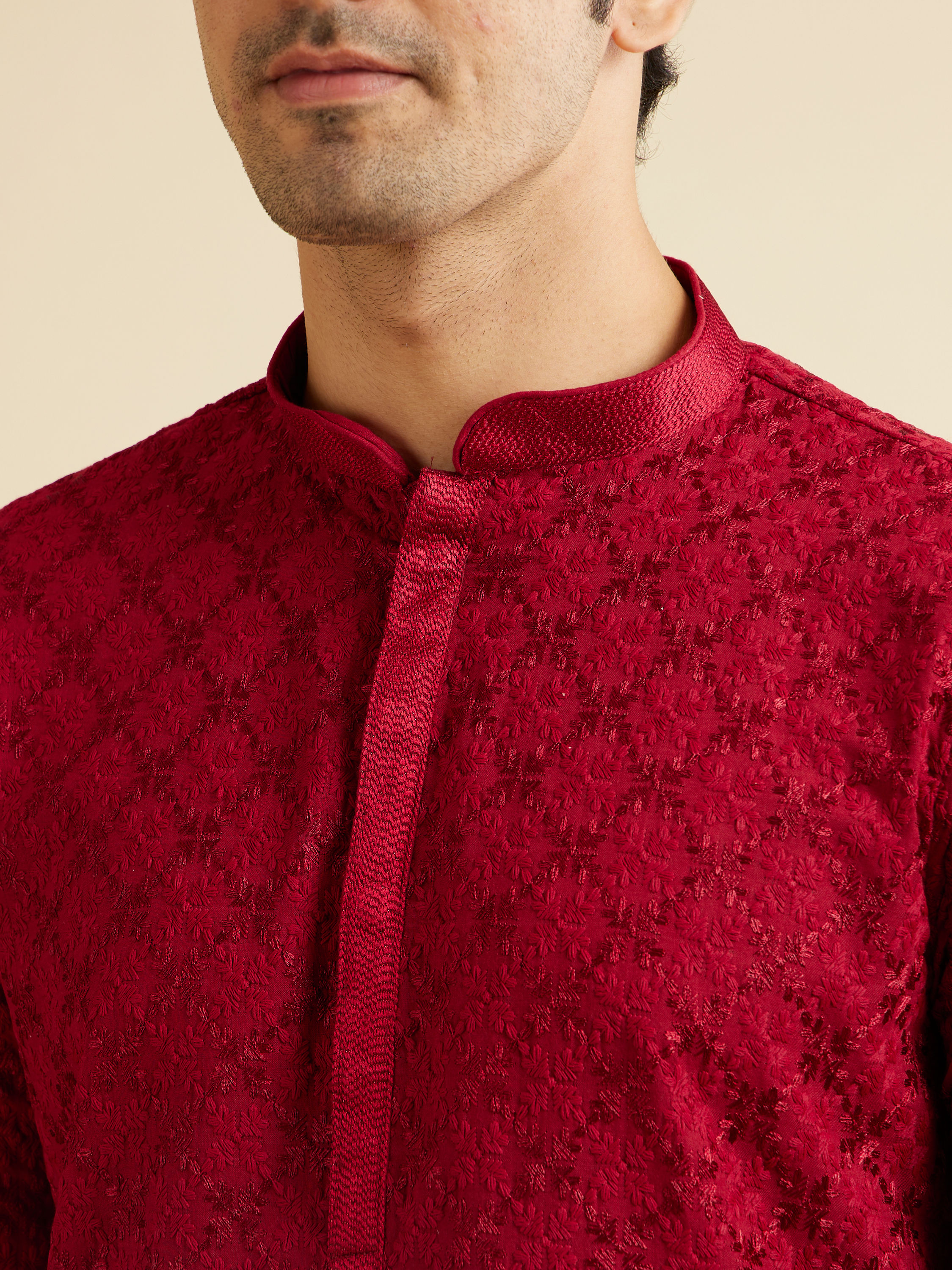 Manyavar Men Classic Red Ogee Jaal Patterned Kurta Set with Chikankari Embroidery