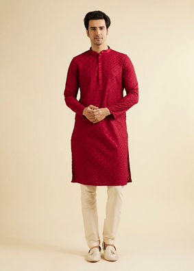 alt message - Manyavar Men Classic Red Ogee Jaal Patterned Kurta Set with Chikankari Embroidery image number 2