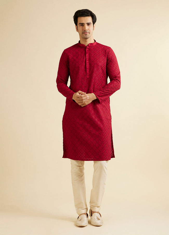 Manyavar Men Classic Red Ogee Jaal Patterned Kurta Set with Chikankari Embroidery