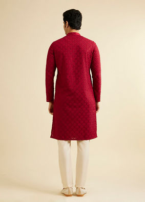 alt message - Manyavar Men Classic Red Ogee Jaal Patterned Kurta Set with Chikankari Embroidery image number 5