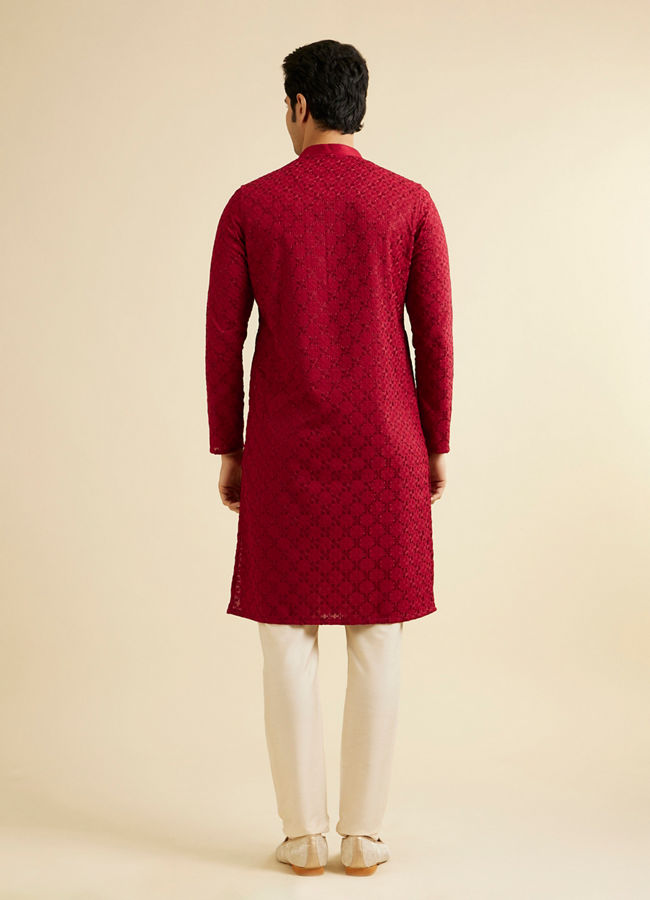 Manyavar Men Classic Red Ogee Jaal Patterned Kurta Set with Chikankari Embroidery