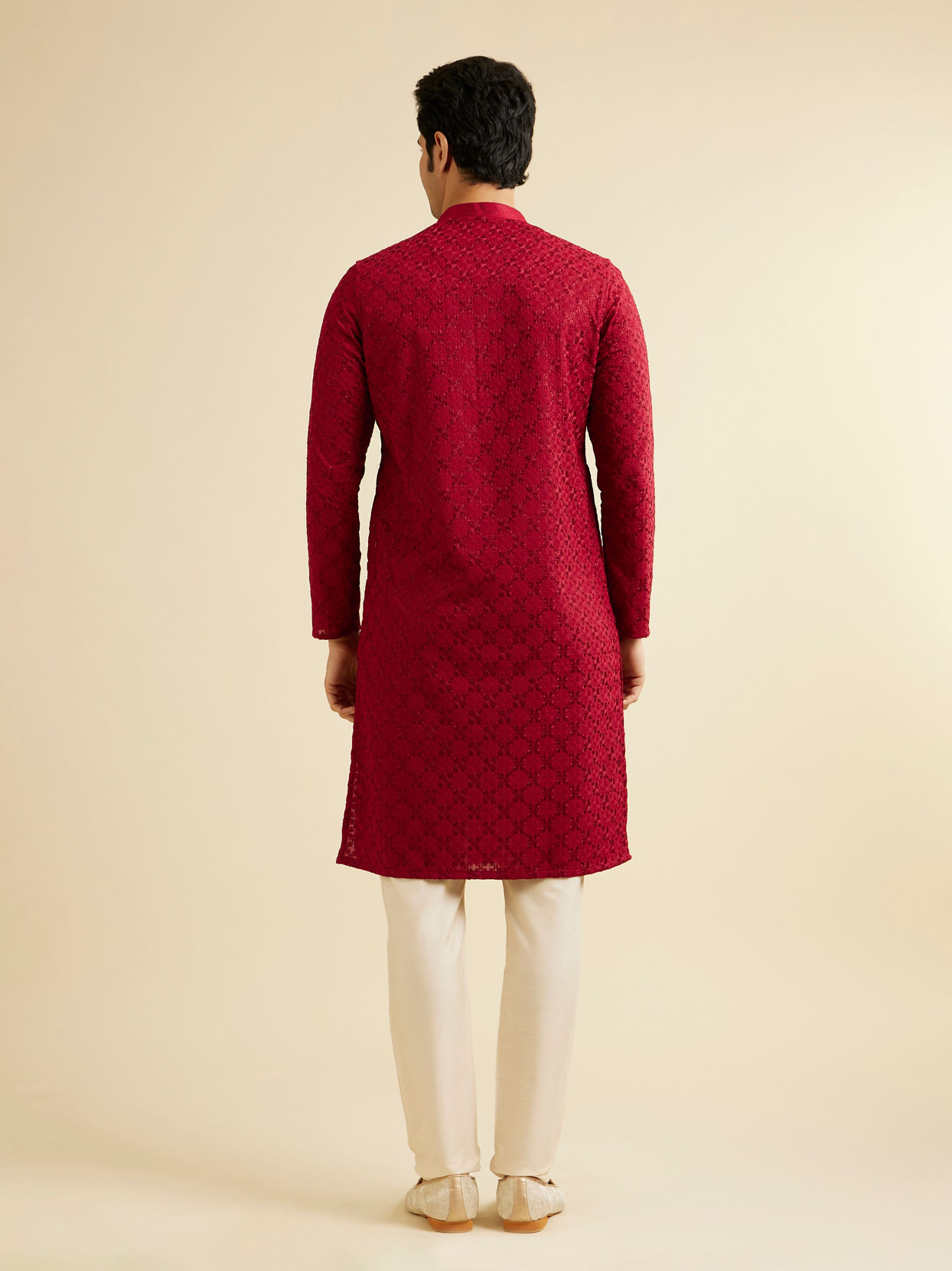 Manyavar Men Classic Red Ogee Jaal Patterned Kurta Set with Chikankari Embroidery