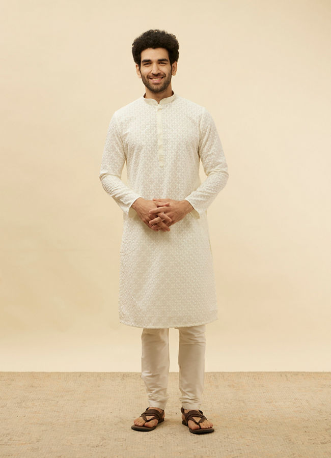 Manyavar Men Warm White Floral Chikankari Embroidered Kurta Set