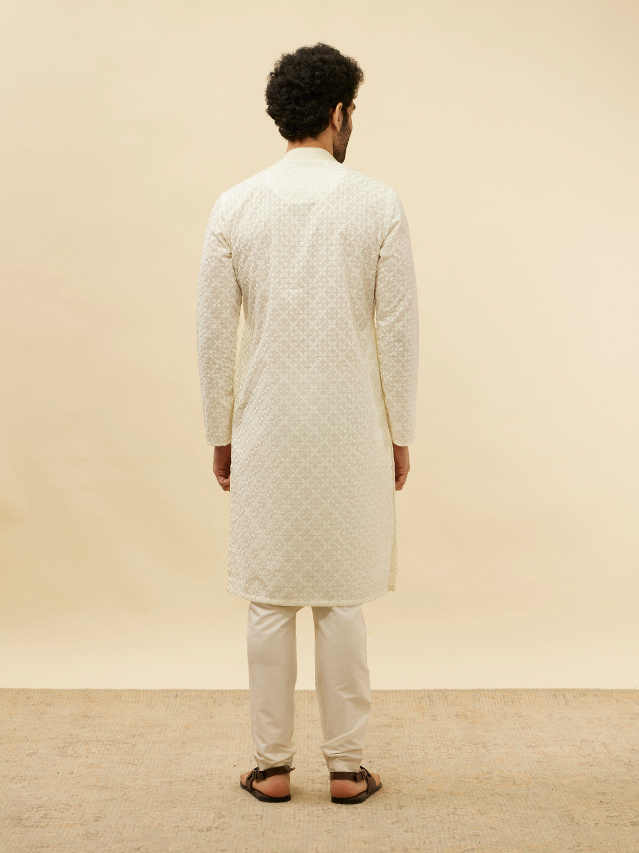 Manyavar Men Warm White Floral Chikankari Embroidered Kurta Set