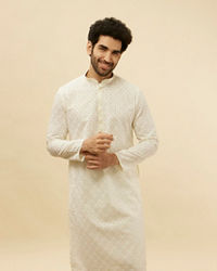 Manyavar Men Warm White Floral Chikankari Embroidered Kurta Set