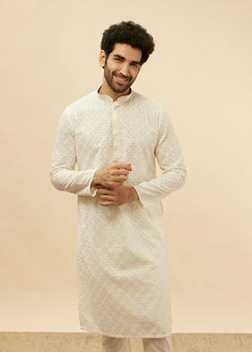 Manyavar Men Warm White Floral Chikankari Embroidered Kurta Set
